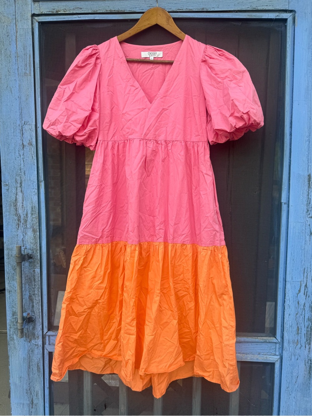 CROSBY by Mollie Burch Pink and Orange Colorblock Puff Sleeve Midi Dress